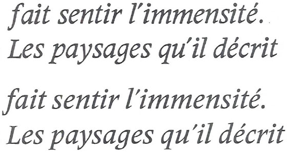 Deberny & Peignot Meridien Italic 8-point type, enlarged (top two lines). Frutiger Serif Medium (bottom two lines)