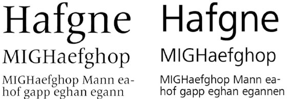 Frutiger Serif (left), and Frutiger Next (right). While the metrics and proportions of Frutiger Serif align the new family with the iconic Frutiger sans serif type system, the spirit is still unmistakably Meridien. The x-height, weights, and widths have all been adjusted to coordinate with those of Frutiger