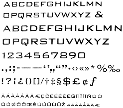 Jeu de caractères original (plutôt limité) de la première fonte numérique Bank Gothic Medium de Linotype ...